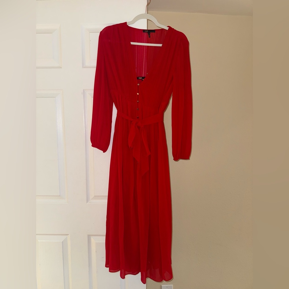 Maje Long Sleeve Elegant Red Button-Down Dress